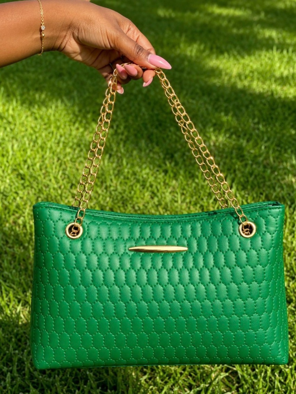 Green Quilted Chain-Handle Women's Shoulder Bag